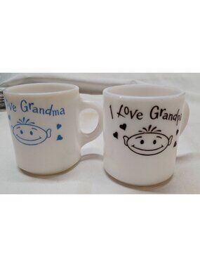 I Love Grandma & Grandpa Vintage Hazel-Atlas White Milk Glass Mug Blue & Black P